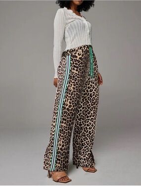 Leopard Print Wide-Leg Pants with Green Stripe
